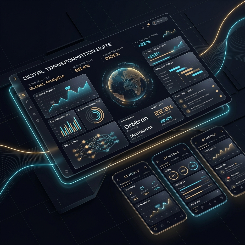 Futuristik Web Dashboard & Mobile App Mockup mewakili solusi digital dari PMLab.id